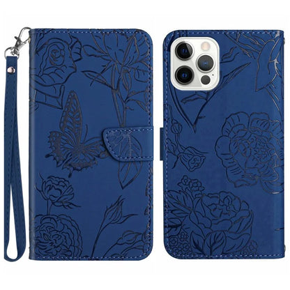 HT03 For iPhone 16 Pro Max Case PU Leather Phone Cover Butterfly Flower Imprinted
