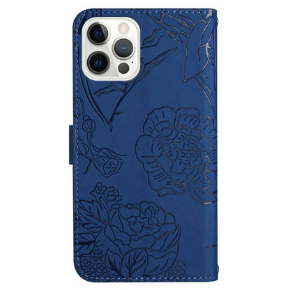 HT03 For iPhone 16 Pro Max Case PU Leather Phone Cover Butterfly Flower Imprinted