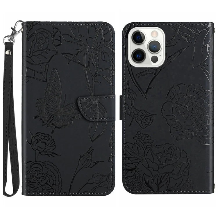 HT03 For iPhone 16 Pro Max Case PU Leather Phone Cover Butterfly Flower Imprinted