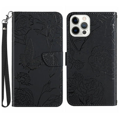 HT03 For iPhone 16 Pro Max Case PU Leather Phone Cover Butterfly Flower Imprinted