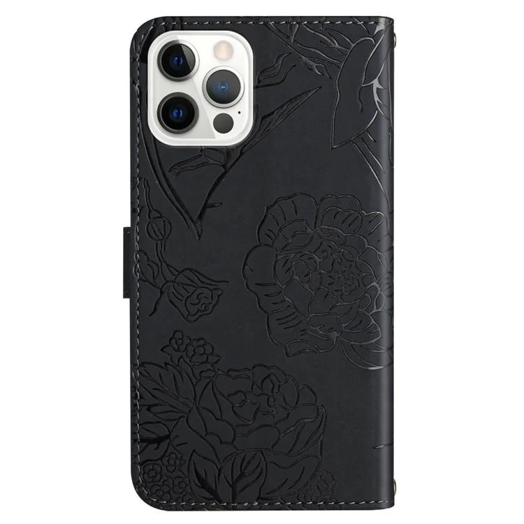 HT03 For iPhone 16 Pro Max Case PU Leather Phone Cover Butterfly Flower Imprinted