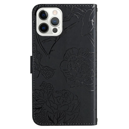 HT03 For iPhone 16 Pro Max Case PU Leather Phone Cover Butterfly Flower Imprinted