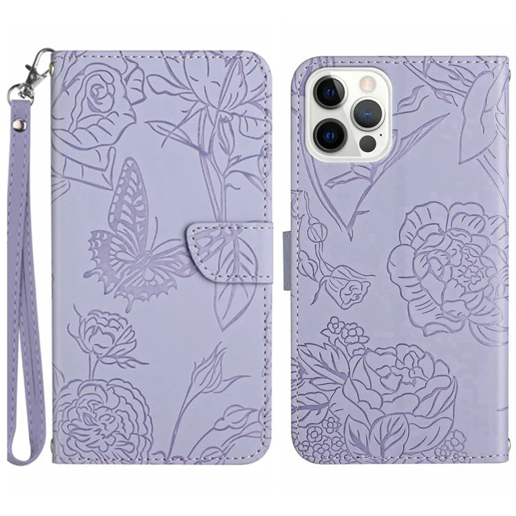 HT03 For iPhone 16 Pro Max Case PU Leather Phone Cover Butterfly Flower Imprinted