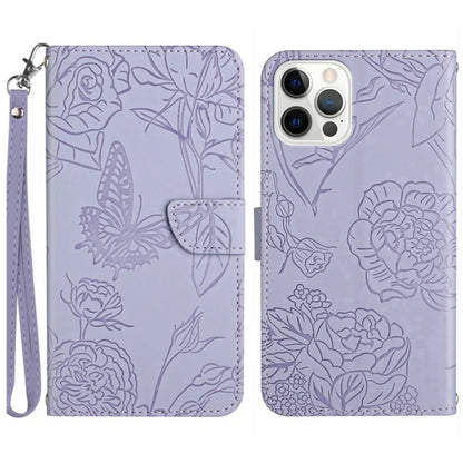 HT03 For iPhone 16 Pro Max Case PU Leather Phone Cover Butterfly Flower Imprinted