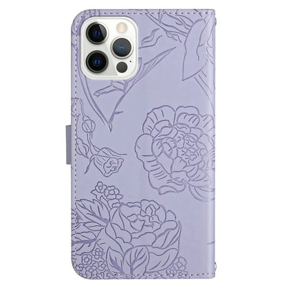 HT03 For iPhone 16 Pro Max Case PU Leather Phone Cover Butterfly Flower Imprinted