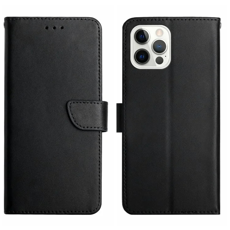 HT02 For iPhone 16 Pro Max Case Nappa Texture Genuine Cow Leather Flip Phone Cover