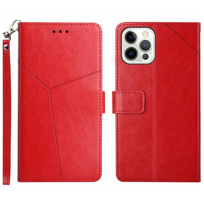 HT01 For iPhone 16 Pro Case Y-Shaped Lines PU Leather Wrist Strap Phone Cover