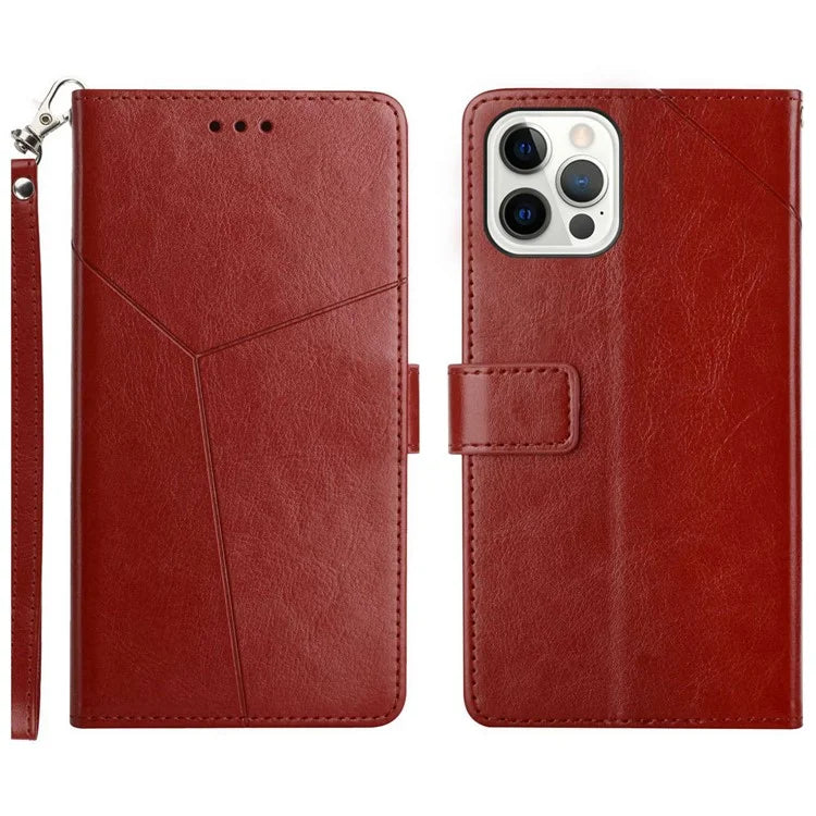 HT01 For iPhone 16 Pro Case Y-Shaped Lines PU Leather Wrist Strap Phone Cover