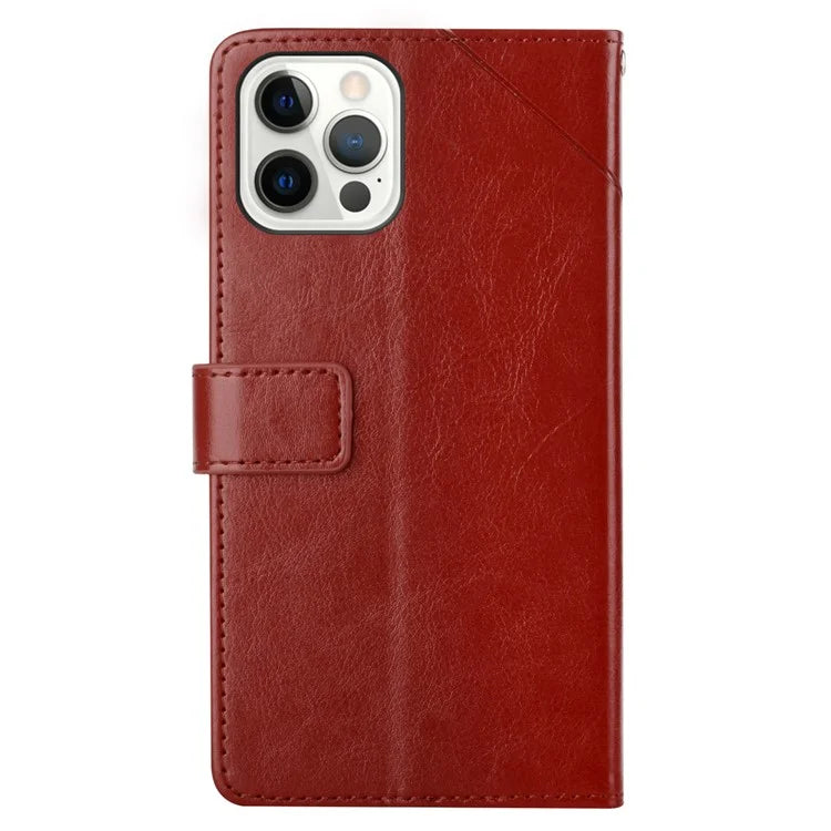 HT01 For iPhone 16 Pro Case Y-Shaped Lines PU Leather Wrist Strap Phone Cover