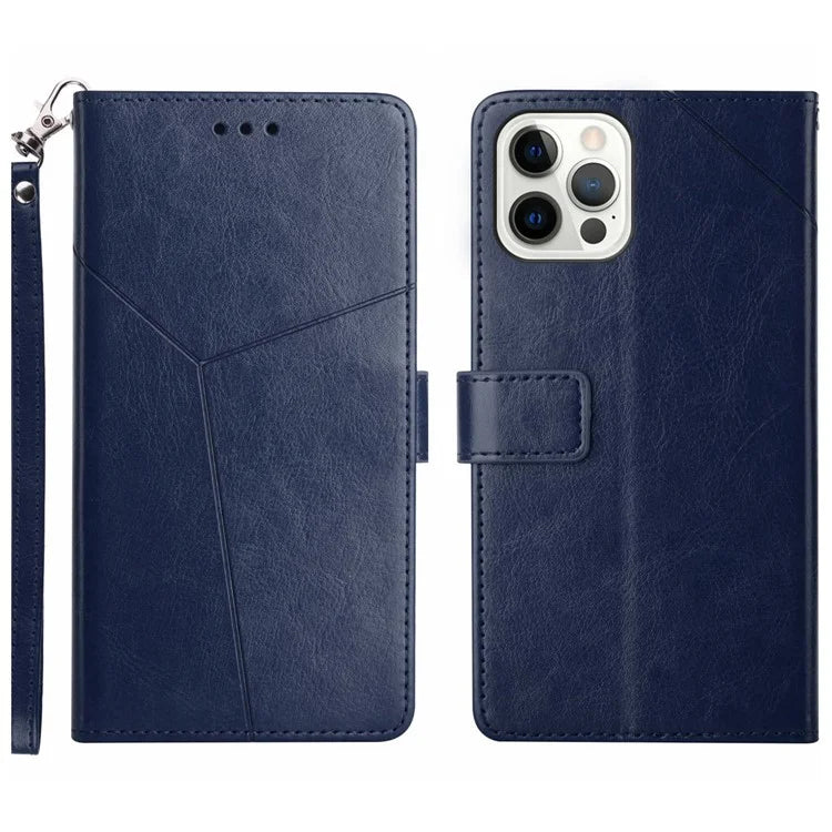 HT01 For iPhone 16 Pro Case Y-Shaped Lines PU Leather Wrist Strap Phone Cover