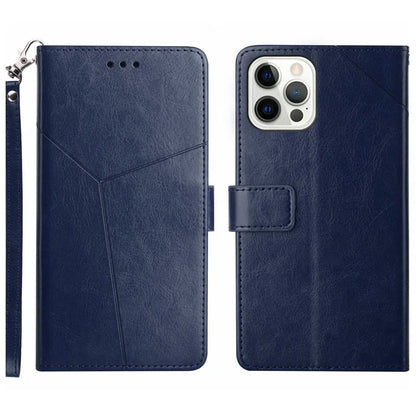 HT01 For iPhone 16 Pro Case Y-Shaped Lines PU Leather Wrist Strap Phone Cover