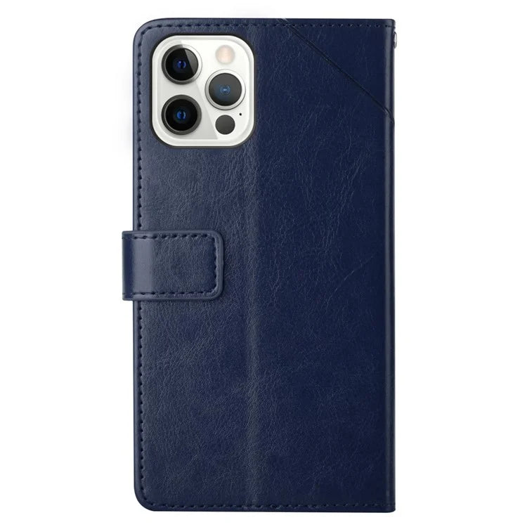 HT01 For iPhone 16 Pro Case Y-Shaped Lines PU Leather Wrist Strap Phone Cover