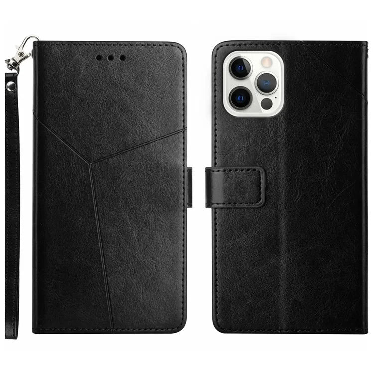 HT01 For iPhone 16 Pro Case Y-Shaped Lines PU Leather Wrist Strap Phone Cover