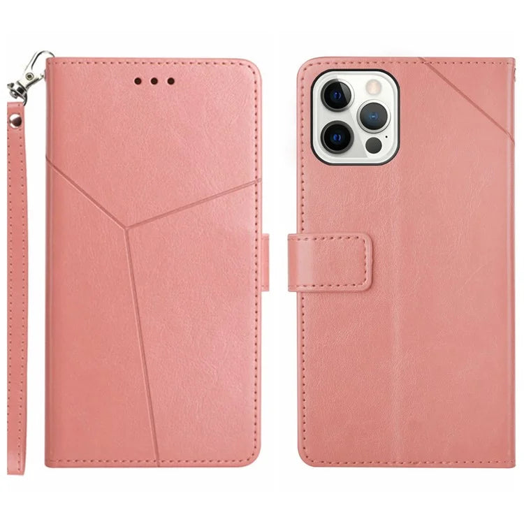 HT01 For iPhone 16 Pro Case Y-Shaped Lines PU Leather Wrist Strap Phone Cover