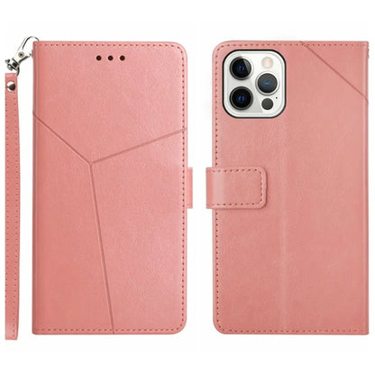HT01 For iPhone 16 Pro Case Y-Shaped Lines PU Leather Wrist Strap Phone Cover