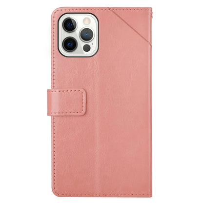 HT01 For iPhone 16 Pro Case Y-Shaped Lines PU Leather Wrist Strap Phone Cover