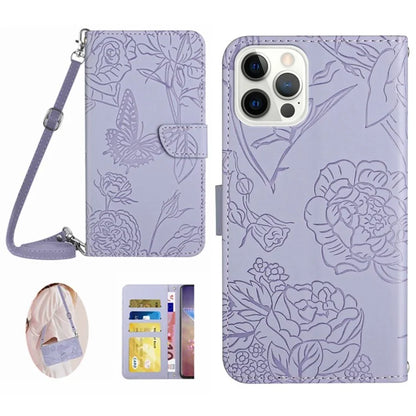 HT03 For iPhone 16 Pro Crossbody Case Wallet Butterfly Flowers Leather Phone Cover