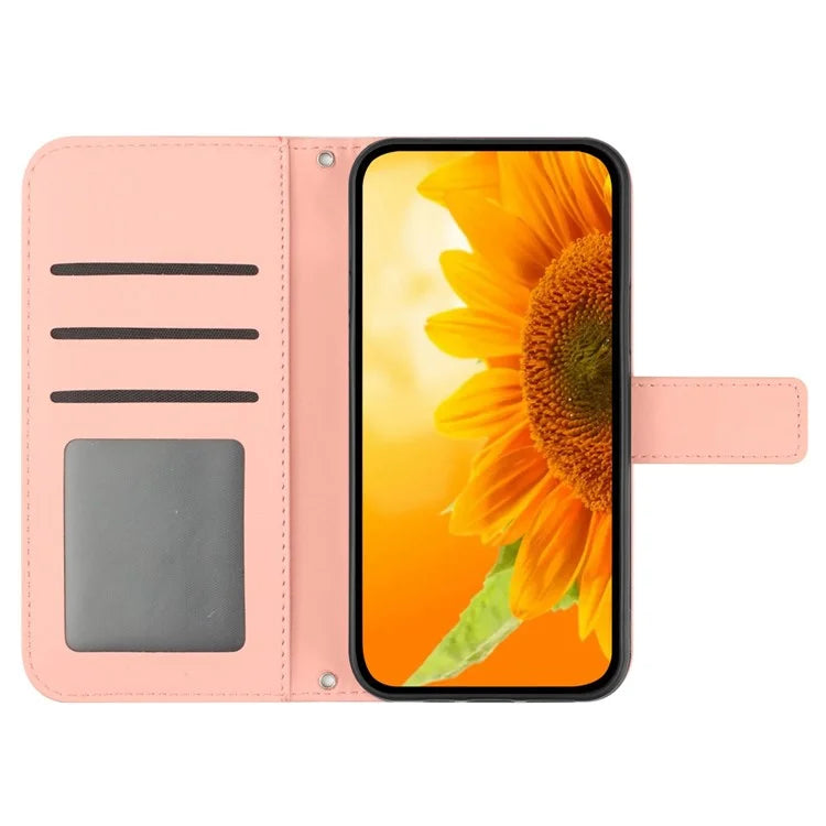 HT04 For iPhone 16 Pro Case Sunflower Imprint Leather Phone Cover with Shoulder Strap