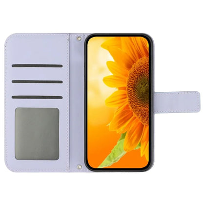 HT04 For iPhone 16 Pro Case Sunflower Imprint Leather Phone Cover with Shoulder Strap