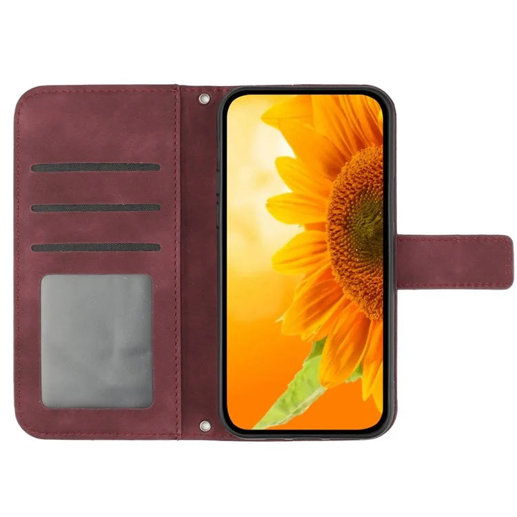 HT04 For iPhone 16 Pro Case Sunflower Imprint Leather Phone Cover with Shoulder Strap