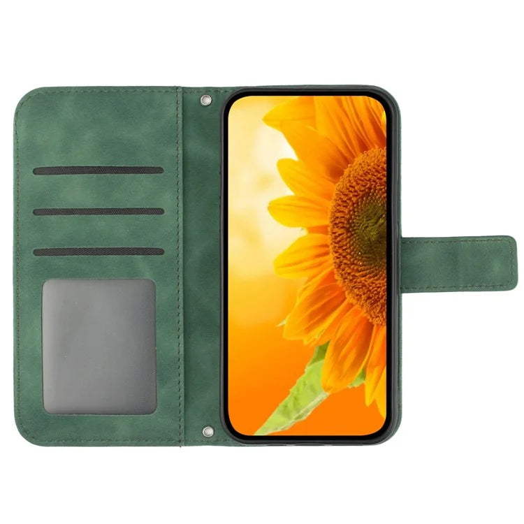 HT04 For iPhone 16 Pro Case Sunflower Imprint Leather Phone Cover with Shoulder Strap