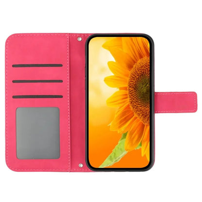 HT04 For iPhone 16 Pro Case Sunflower Imprint Leather Phone Cover with Shoulder Strap