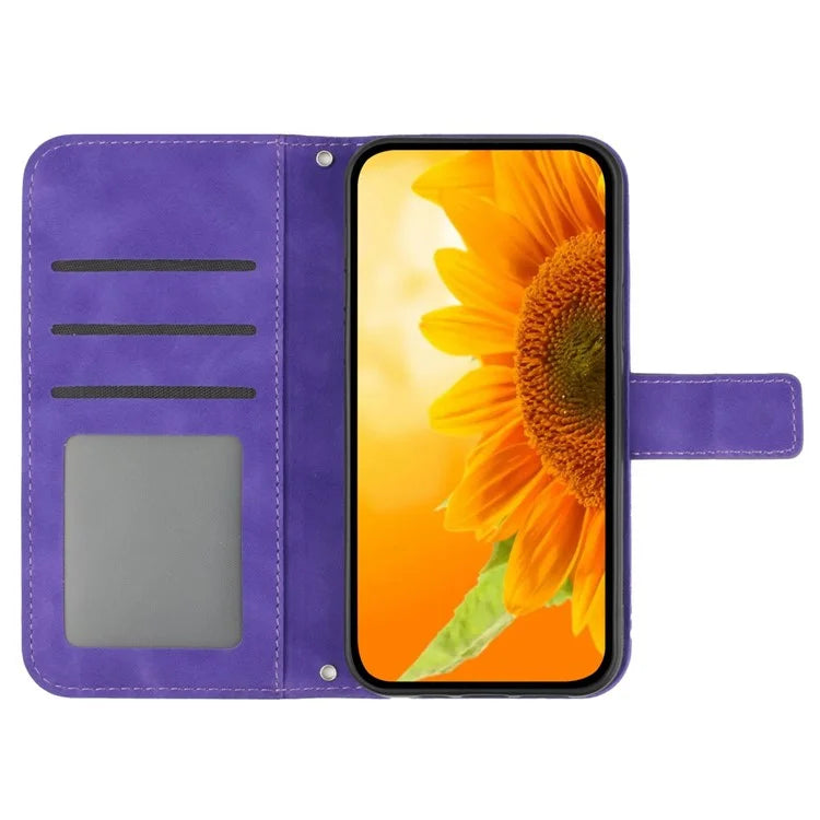HT04 For iPhone 16 Pro Case Sunflower Imprint Leather Phone Cover with Shoulder Strap