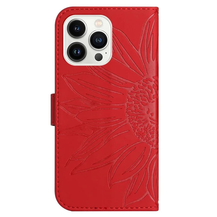 HT04 For iPhone 16 Pro Case Sunflower Imprint Leather Flip Phone Cover with Hand Strap