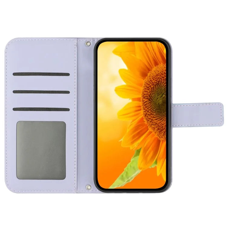 HT04 For iPhone 16 Pro Case Sunflower Imprint Leather Flip Phone Cover with Hand Strap