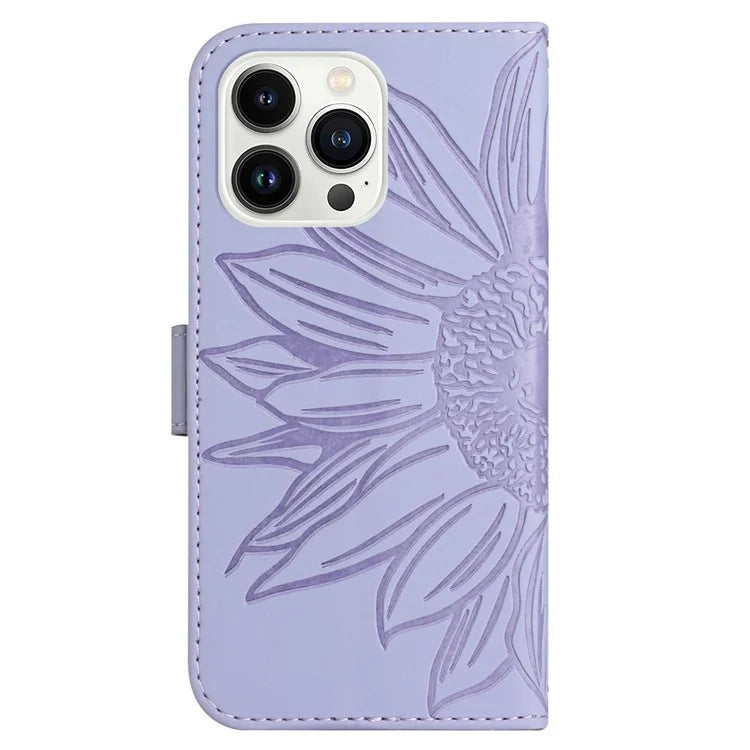 HT04 For iPhone 16 Pro Case Sunflower Imprint Leather Flip Phone Cover with Hand Strap