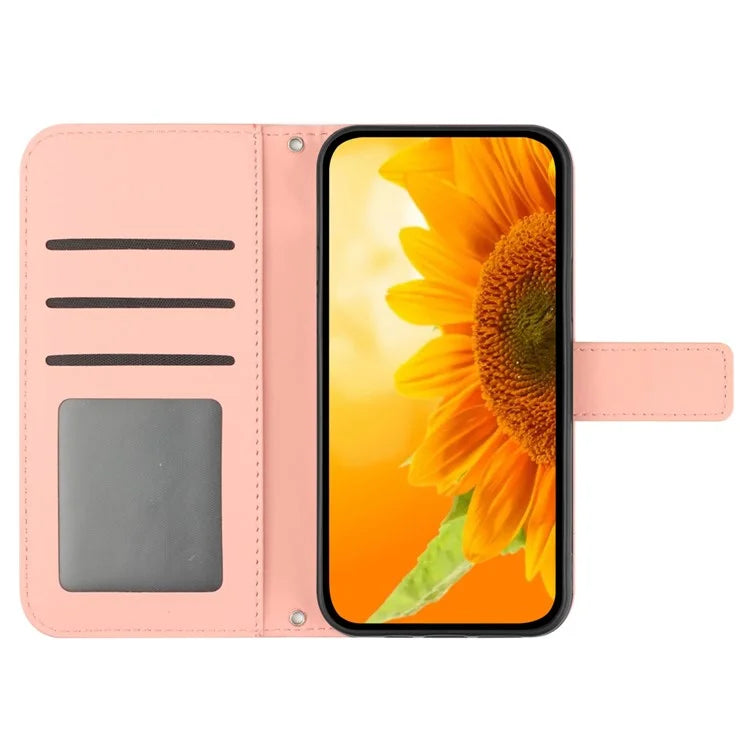 HT04 For iPhone 16 Pro Case Sunflower Imprint Leather Flip Phone Cover with Hand Strap