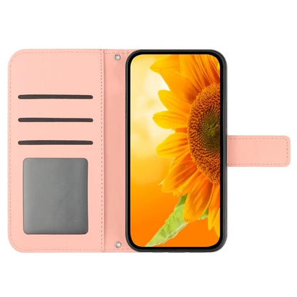 HT04 For iPhone 16 Pro Case Sunflower Imprint Leather Flip Phone Cover with Hand Strap