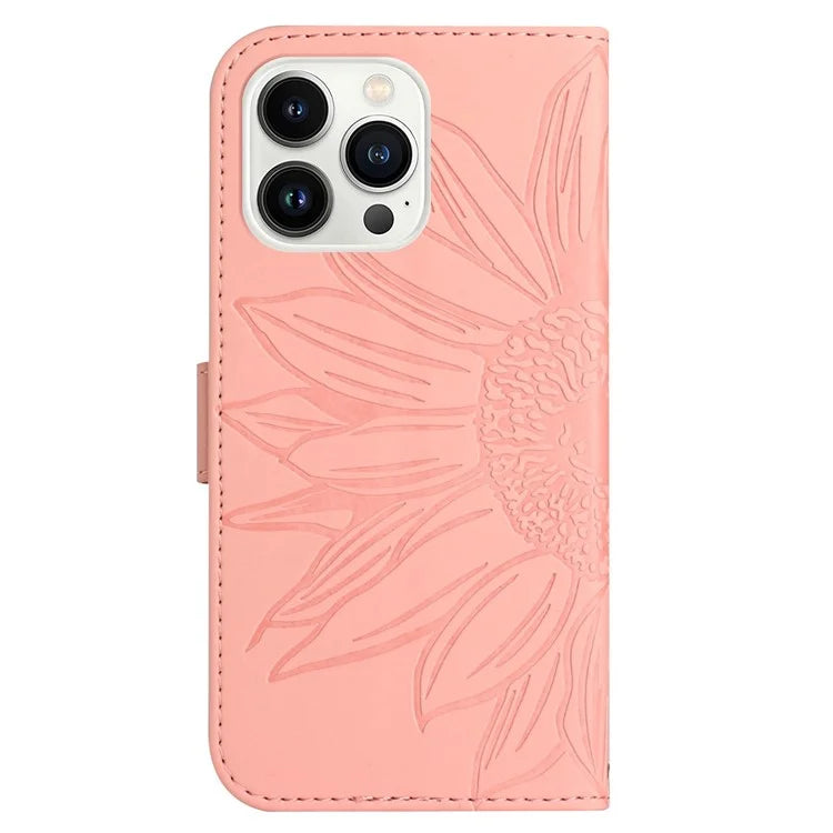 HT04 For iPhone 16 Pro Case Sunflower Imprint Leather Flip Phone Cover with Hand Strap