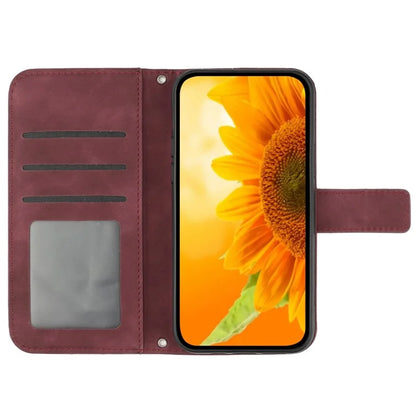 HT04 For iPhone 16 Pro Case Sunflower Imprint Leather Flip Phone Cover with Hand Strap