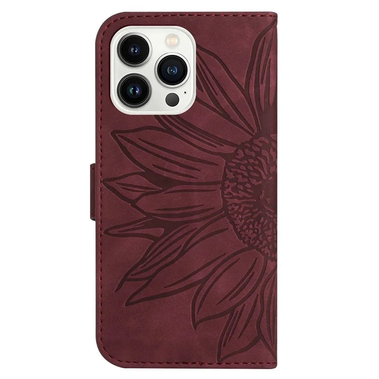 HT04 For iPhone 16 Pro Case Sunflower Imprint Leather Flip Phone Cover with Hand Strap