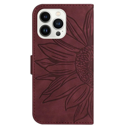 HT04 For iPhone 16 Pro Case Sunflower Imprint Leather Flip Phone Cover with Hand Strap