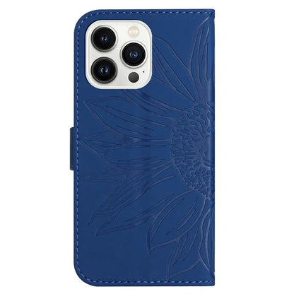 HT04 For iPhone 16 Pro Case Sunflower Imprint Leather Flip Phone Cover with Hand Strap