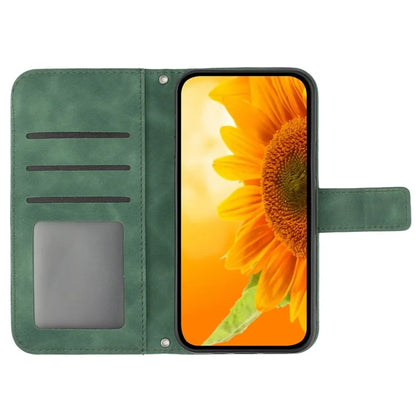 HT04 For iPhone 16 Pro Case Sunflower Imprint Leather Flip Phone Cover with Hand Strap
