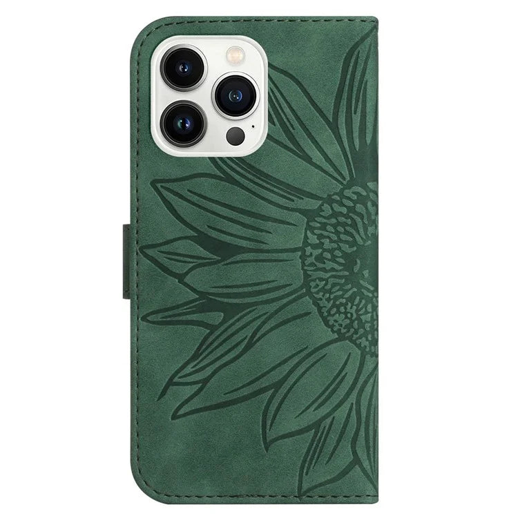 HT04 For iPhone 16 Pro Case Sunflower Imprint Leather Flip Phone Cover with Hand Strap
