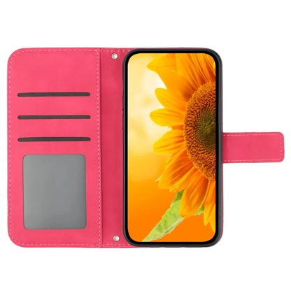 HT04 For iPhone 16 Pro Case Sunflower Imprint Leather Flip Phone Cover with Hand Strap