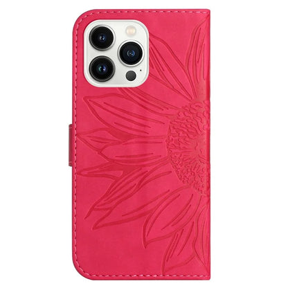 HT04 For iPhone 16 Pro Case Sunflower Imprint Leather Flip Phone Cover with Hand Strap