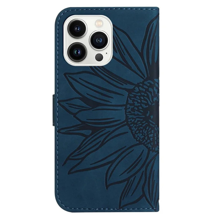 HT04 For iPhone 16 Pro Case Sunflower Imprint Leather Flip Phone Cover with Hand Strap