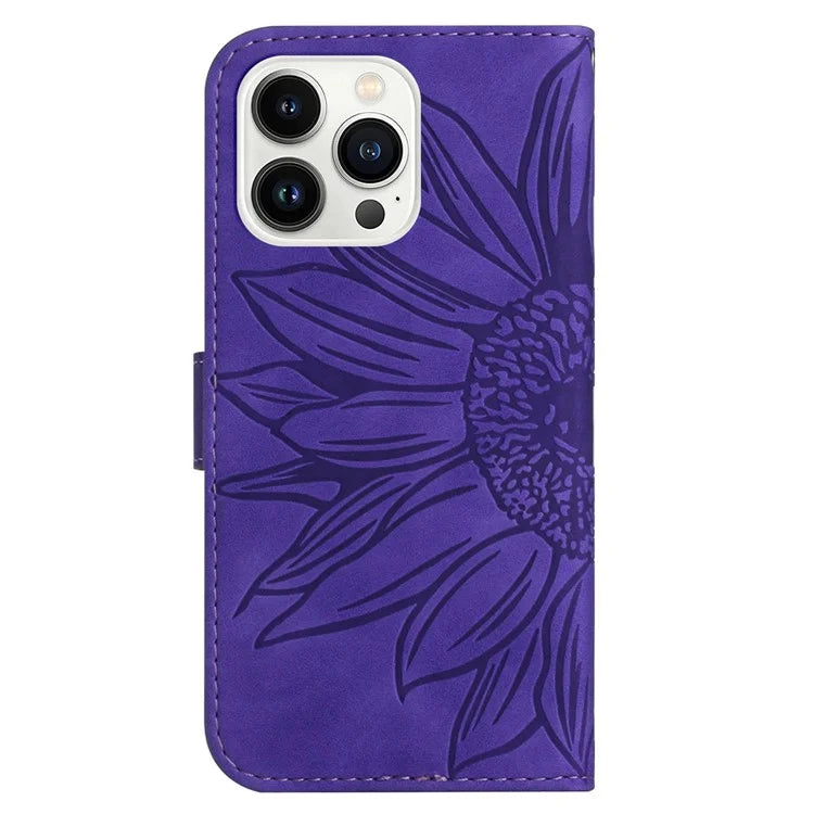 HT04 For iPhone 16 Pro Case Sunflower Imprint Leather Flip Phone Cover with Hand Strap