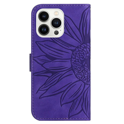 HT04 For iPhone 16 Pro Case Sunflower Imprint Leather Flip Phone Cover with Hand Strap