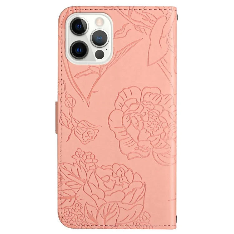 HT03 For iPhone 16 Pro Case Butterfly Flower Imprinted PU Leather Phone Cover