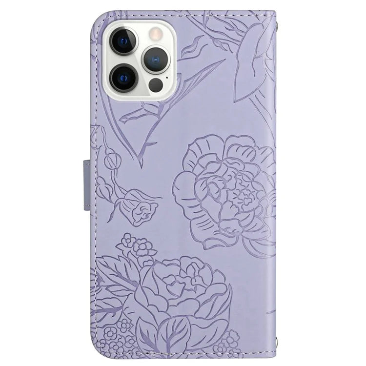 HT03 For iPhone 16 Pro Case Butterfly Flower Imprinted PU Leather Phone Cover