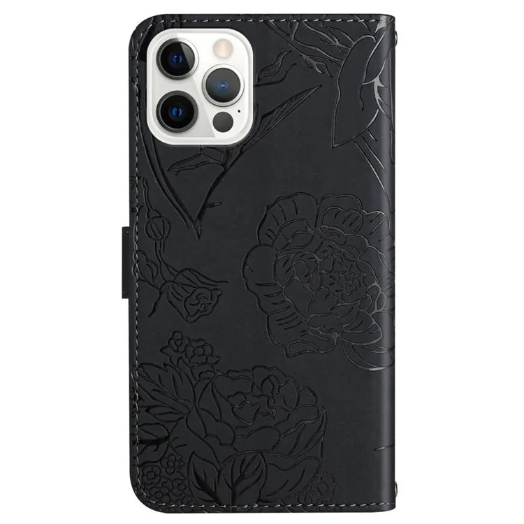 HT03 For iPhone 16 Pro Case Butterfly Flower Imprinted PU Leather Phone Cover