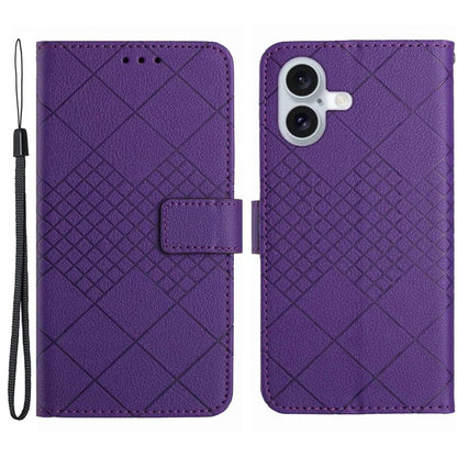 HT06 For iPhone 16 Plus Wallet Case Litchi Texture Rhombus Leather Phone Cover
