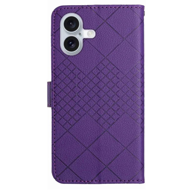 HT06 For iPhone 16 Plus Wallet Case Litchi Texture Rhombus Leather Phone Cover