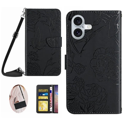 HT03 For iPhone 16 Plus Case Butterfly Flowers Leather Flip Phone Cover Crossbody String